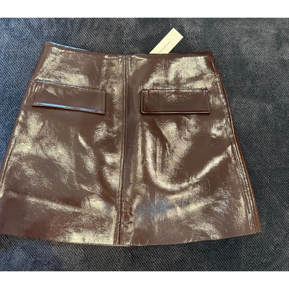 Commense Brown Patent Faux Leather Mini Skirt High Waist A-Line NWT Size Medium